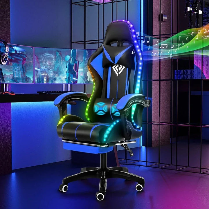 RGB Gaming Chair with Speakers Massage Computer Gaming Chair with LED Lights and Footrest High Back Video Game Chair