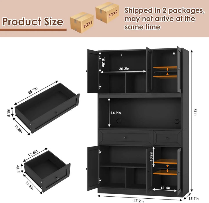 72" Kitchen Pantry Cabinet, Kitchen Hutch with Microwave Stand, Buffet Cabinet with Hutch for Dining Room, Black