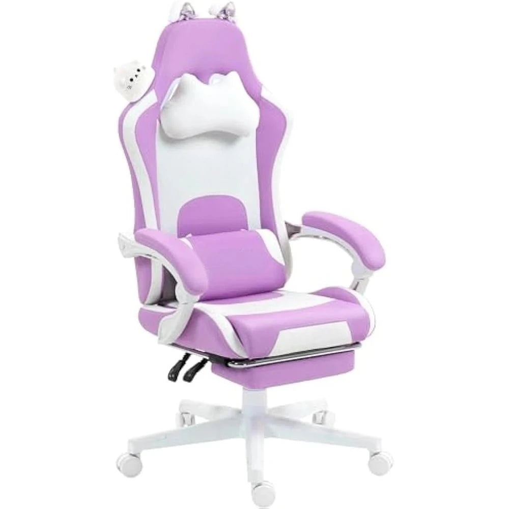 Gaming Chair Cute with Cat Ears and Massage Lumbar Support, Ergonomic Computer Chairs with Footrest and Headrest, Gaming Chair