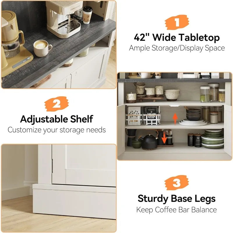 Coffee Bar Cabinet with LED Lights 72" Tall Buffet Cabinet with Storage Farmhouse Kitchen Sideboard Tall Coffee Hutch