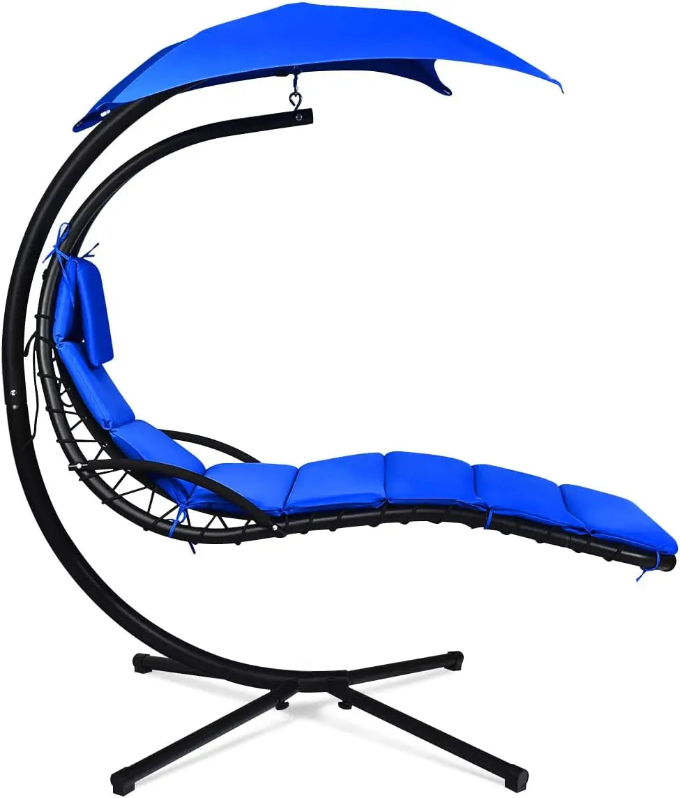 Hanging Chaise Lounger Chair, Arc Stand Porch Swing Chair W/Canopy, Cushion Built-in Pillow, Freestanding Swing Hammock Chair