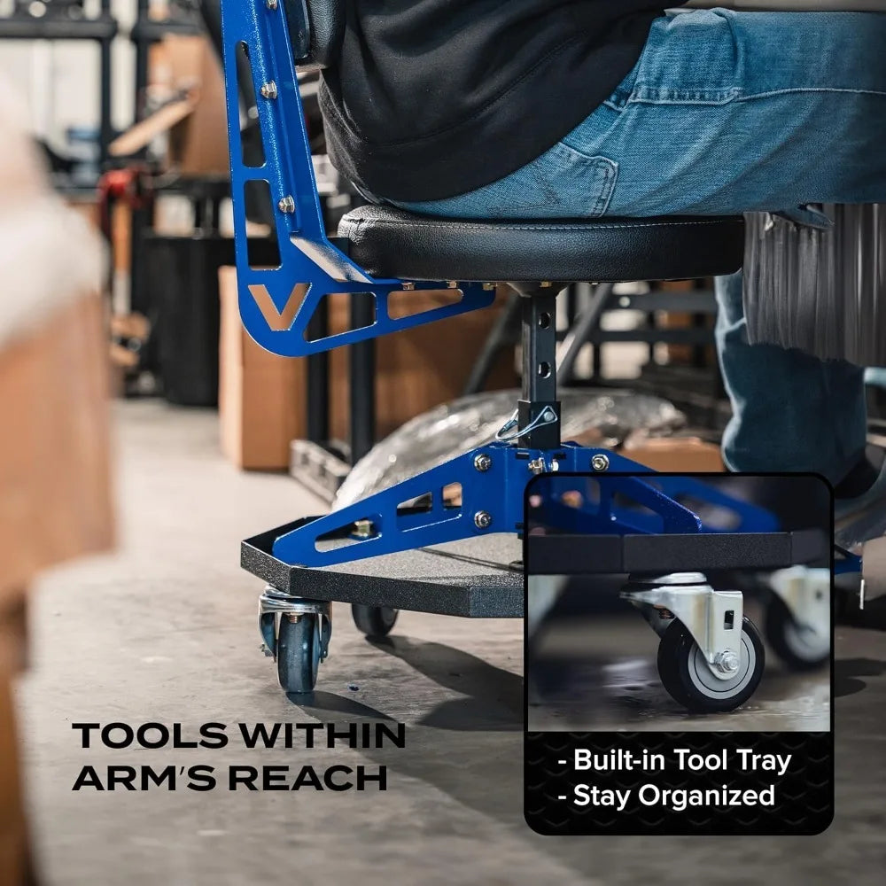 Robust Steel Sport Shop Chair for Mechanics, Automotive, DIY,300 lb Capacity Garage Stool with Backrest & Large Wheels