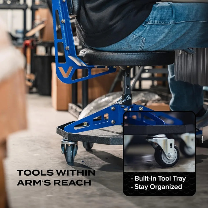 Robust Steel Sport Shop Chair for Mechanics, Automotive, DIY,300 lb Capacity Garage Stool with Backrest & Large Wheels