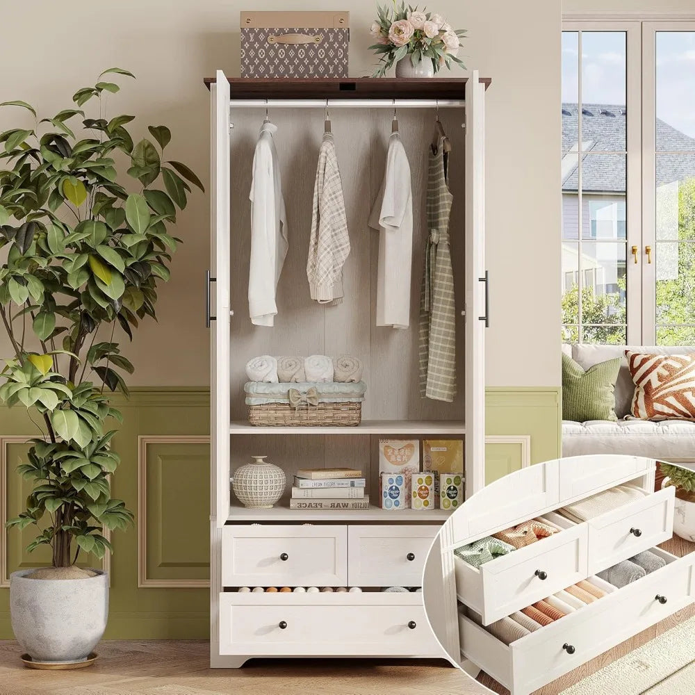 Wooden Wardrobe Closet,Versatile Storage Armoire Wardrobe Closet with Aluminum Alloy Hanging Rod, 2 Doors，3-Drawer and H