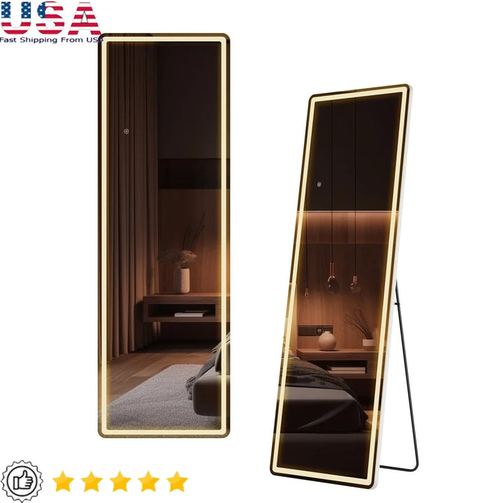 LED Full Length Mirror with Adjustable Brightness Aluminum Frame Wall Mounted Stand Free Standing High Definition Glass Bedroom