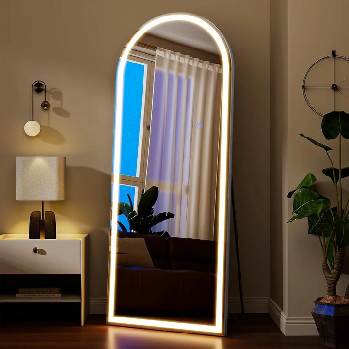 56"x21" LED Mirror Full Length - Arched Floor Body Mirror with Dimmable Lights - 3 Color Modes, Standing Leaning Wall Mounted fo