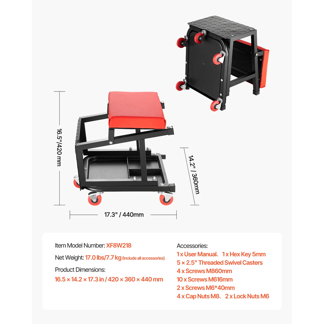 SucceBuy Mechanic Stool 300lbs Garage Seat with Wheels 360° Swivel Rolling Workshop Stool with Tool Tray for Garage, Shop Repair
