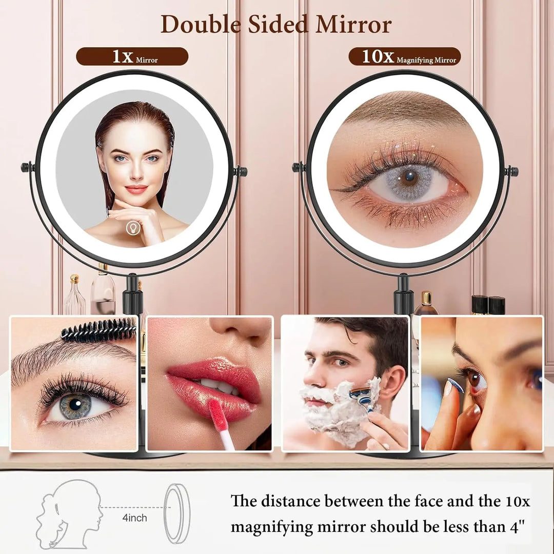 8 Inch Makeup Mirror With Light Lamp 10X Magnification 3 Color Lights,Adjustable Brightness Height Standing Cosmetic Mirror