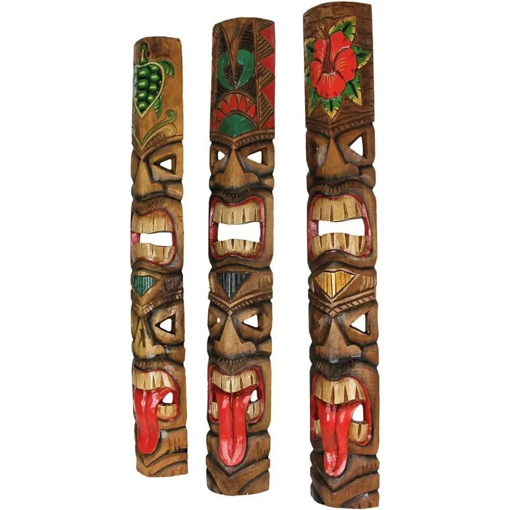 Set of 5 Exquisite Hand-Carved Double Tiki Mask Totem Wall Sculptures, 40 Inches Tall, Crafted from Sustainable Wood