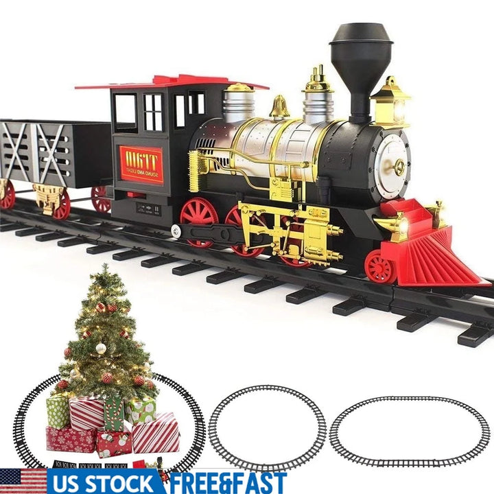 Classic Christmas Holiday Train Set with Real Smoke Lights Sounds Locomotive Engine Cargo Cars Tracks Kids Family Fun