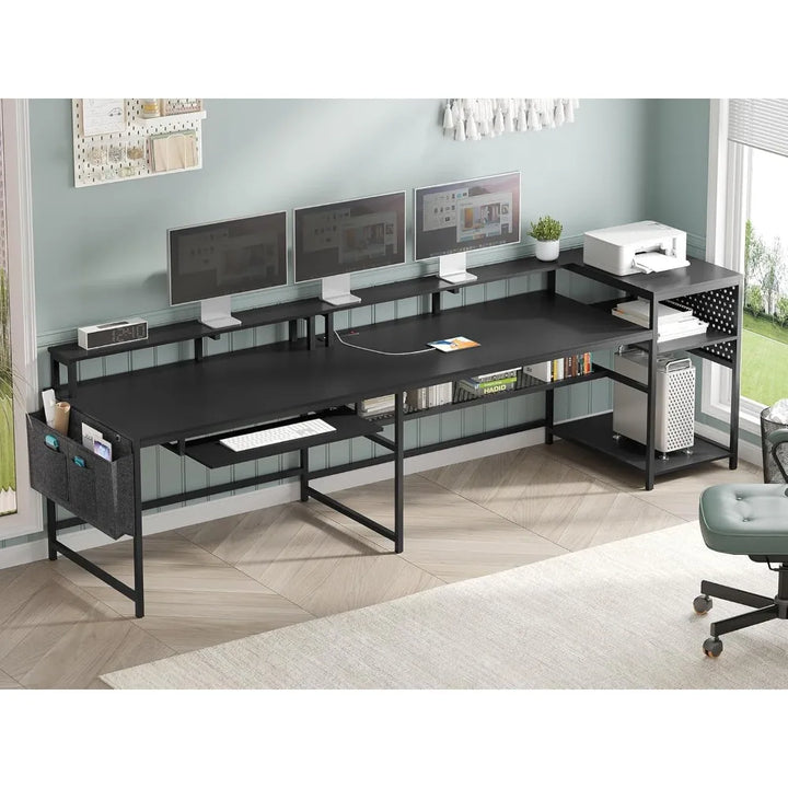 L Shaped Gaming Desk, Reversible Computer Desk, Gaming Desk with Power Outlets & LED Strip, Monitor Shelf, Keyboard Tray, Pegbo