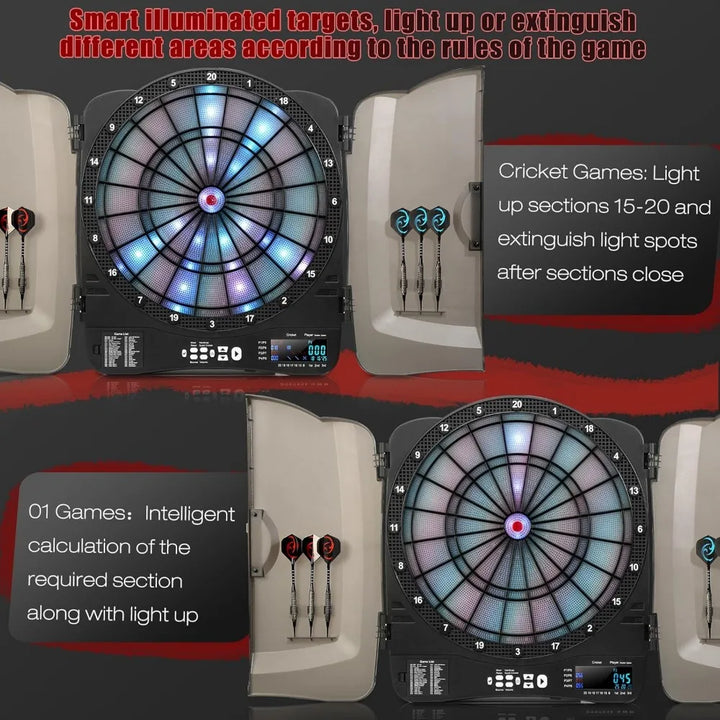 Electronic Dart Board Cabinet Set, Illuminated Target Dartboard for Adults Kids, 48 Games with 315 Variations Soft Tip Digital D