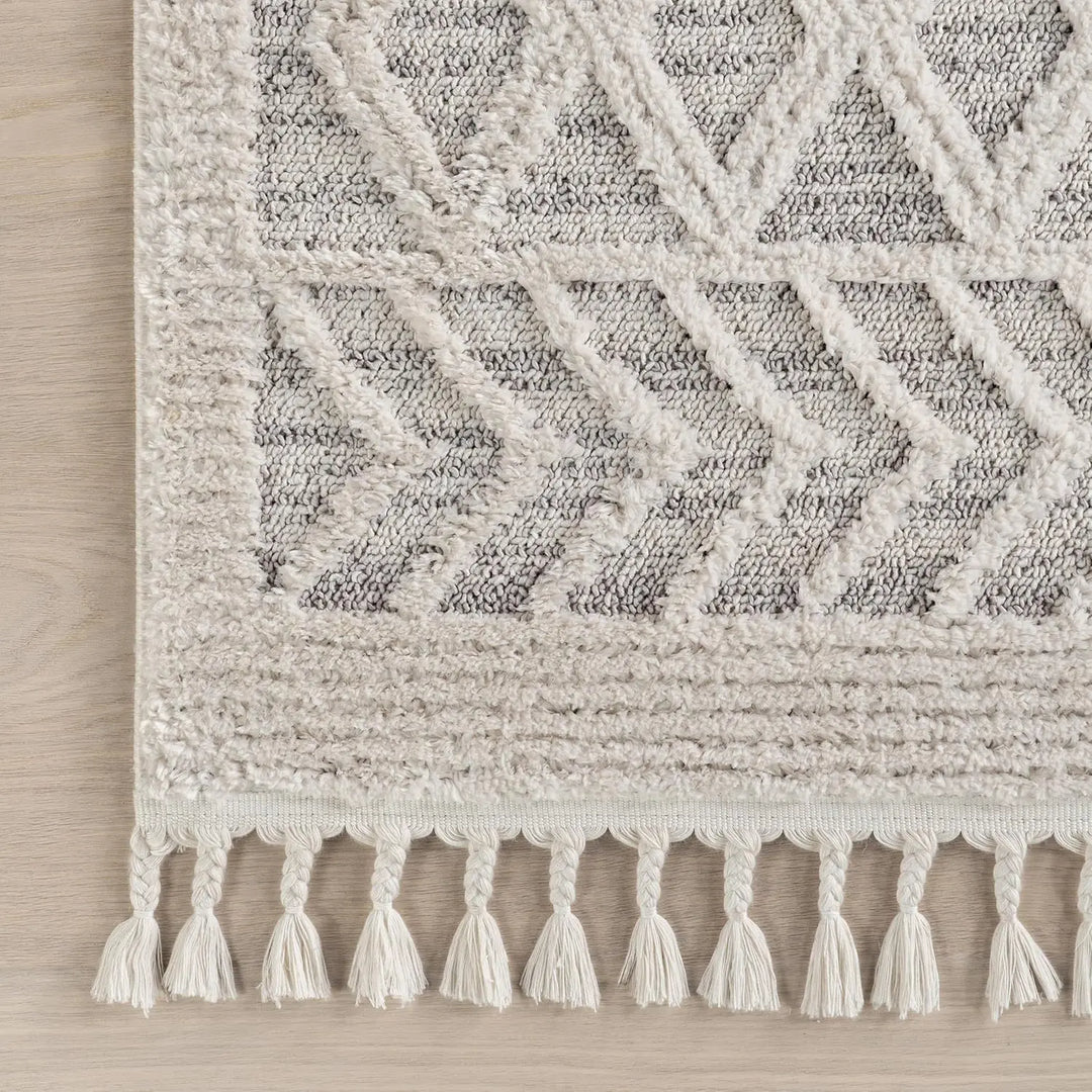 8x11 Ansley Moroccan Tassel Area Rug, Light Grey, High-Low Textured Bohemian Design, Plush High Pile, Stain Resistant