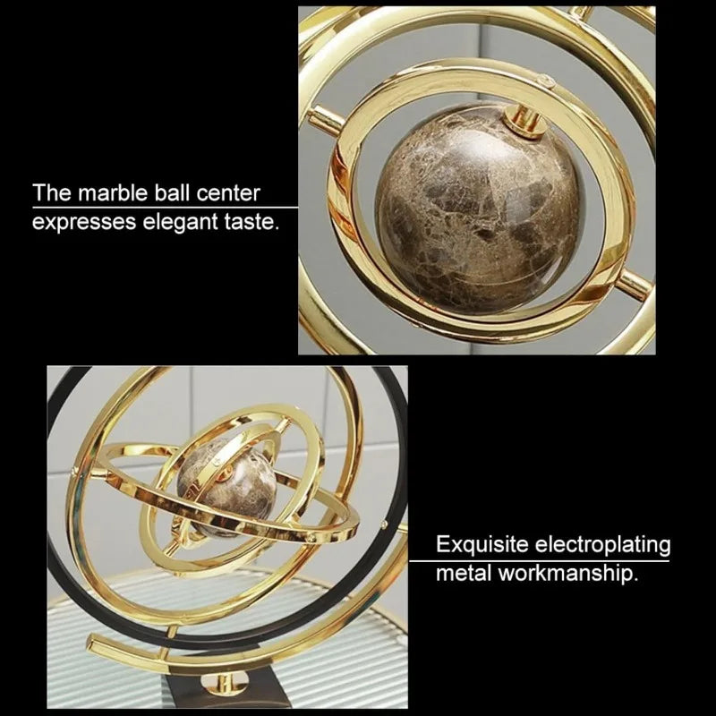 Modern Sculpture Decor Abstract Art Decoration Metal Globe Ornament Living Room Decor with Rectangle Stand Black & Gold