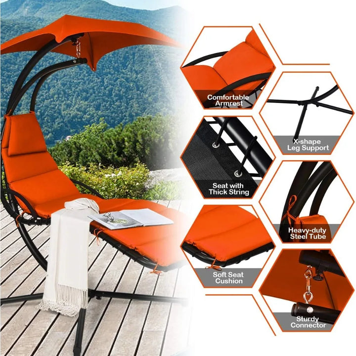 Hanging Chaise Lounger Chair, Arc Stand Porch Swing Chair W/Canopy, Cushion Built-in Pillow, Freestanding Swing Hammock Chair