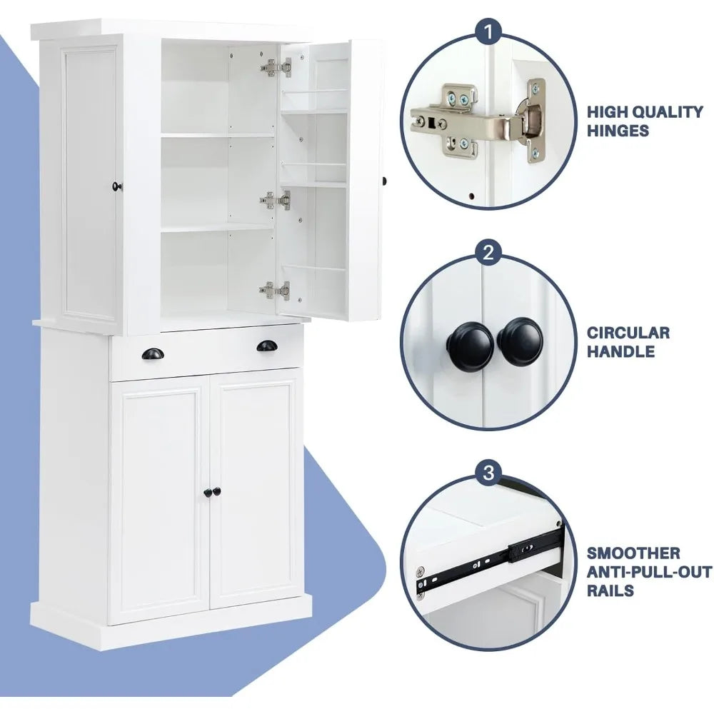 72.4" Kitchen Pantry Cabinet, Tall Storage Cabinet with Pull-Out Shelf Board and Drawer, Freestanding Cupboard with Ad
