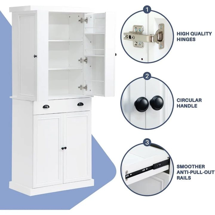 72.4" Kitchen Pantry Cabinet, Tall Storage Cabinet with Pull-Out Shelf Board and Drawer, Freestanding Cupboard with Ad