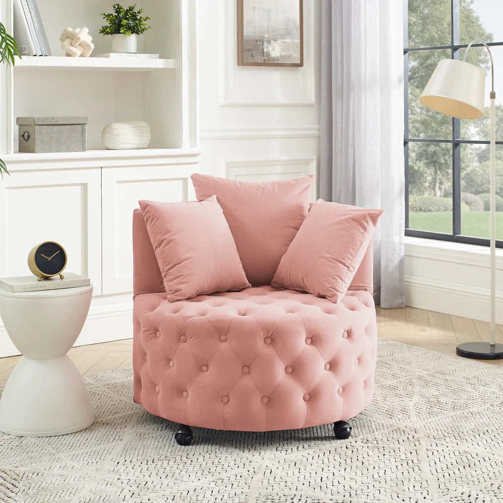 Velvet Upholstered Swivel Chair for Living Room, with Button Tufted Design and Movable Wheels, Including 3 Pillows, Black