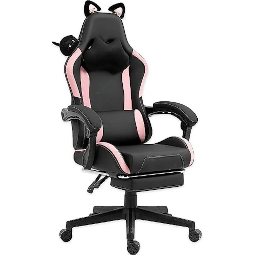 Gaming Chair Cute with Cat Ears and Massage Lumbar Support, Ergonomic Computer Chairs with Footrest and Headrest, Gaming Chair