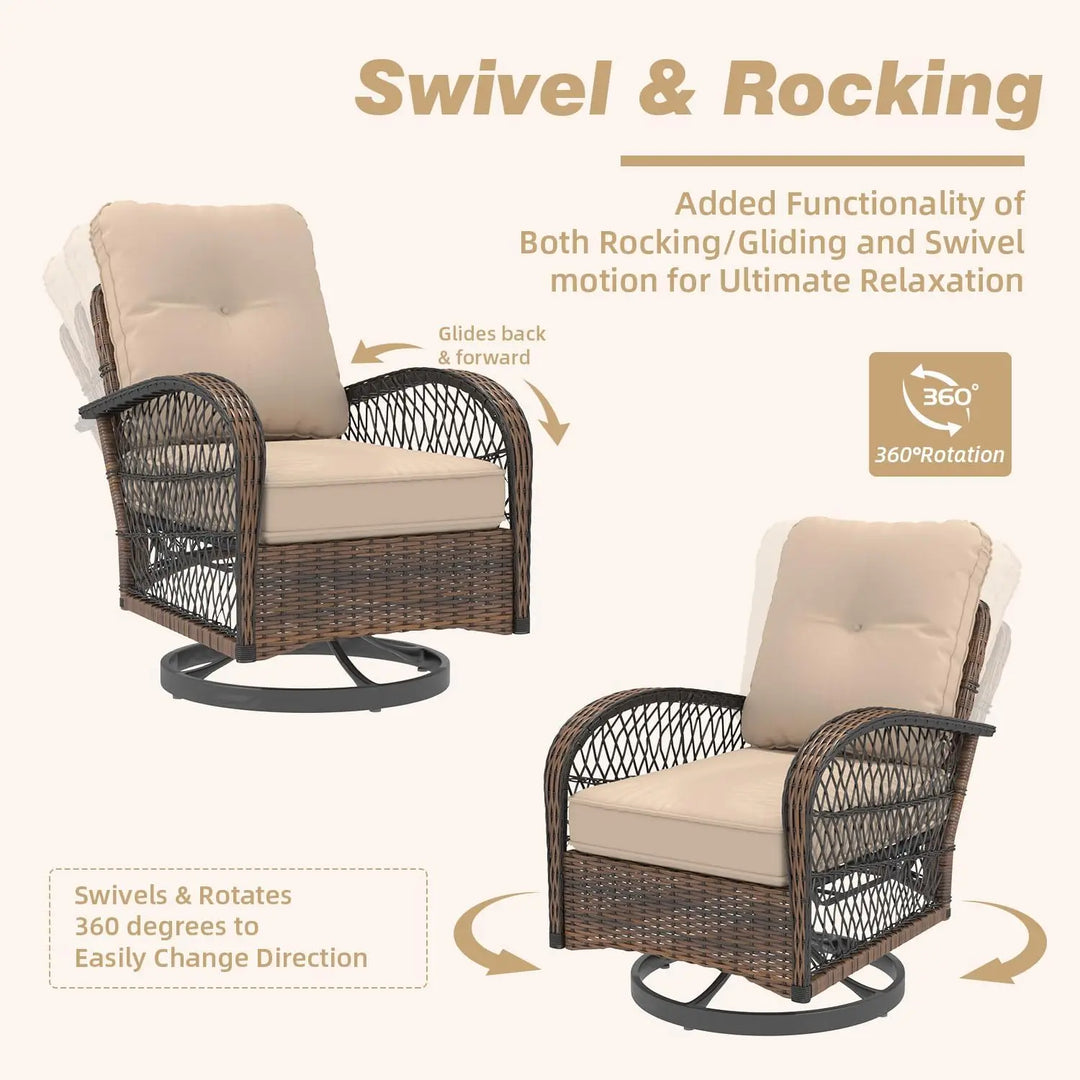 3 Pieces Patio Furniture Set, Outdoor Swivel Rocker Patio Chairs, Wicker Patio Bistro Set with Rocking Chair, Thickened Cushions