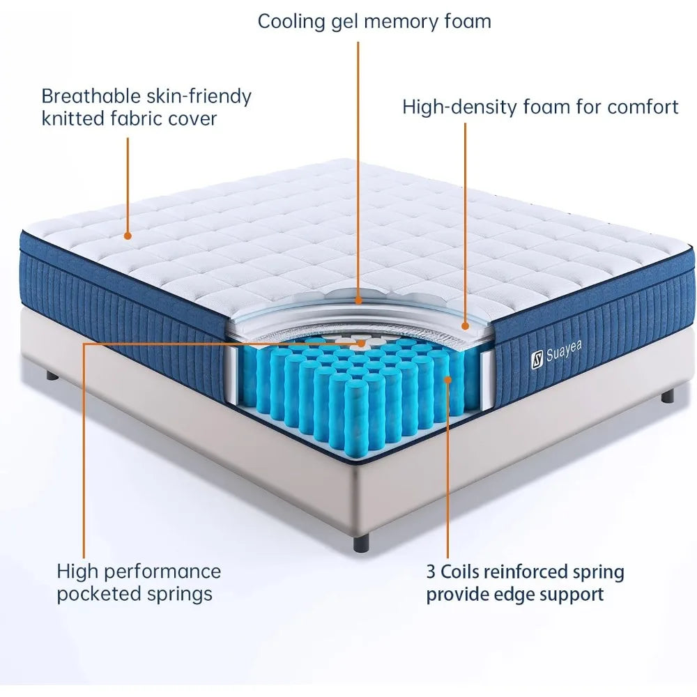 King Size Mattress, 14 Inch King Mattress in a Box, Medium Firm Pocket Spring and Gel Memory Foam for Superior Comfort, Pressure