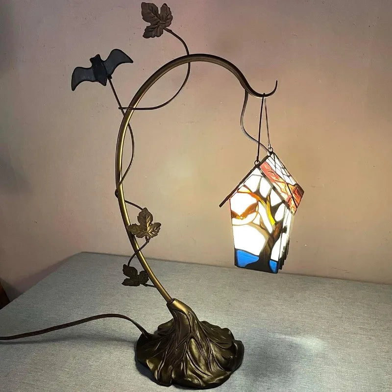 L10938 Spooky Graveyard Tiffany Style Stained Glass Birdhouse Table Lamp for Halloween Decor (21-inch High, Bat Nest)