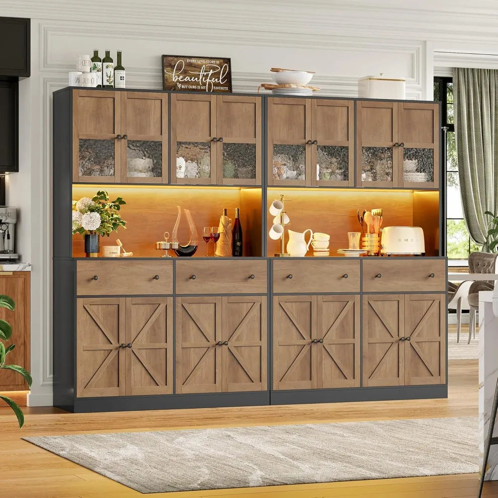71" Pantry Cabinet with LED Light and Charging Station, Farmhouse Kitchen Pantry Cabinet with Microwave Stand, 47.2" W
