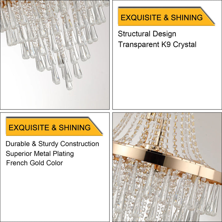 Large Luxury Gold Crystal Chandelier, Dazzling K9 Crystals, Superior Metal Finish, Ideal for Chic Decor