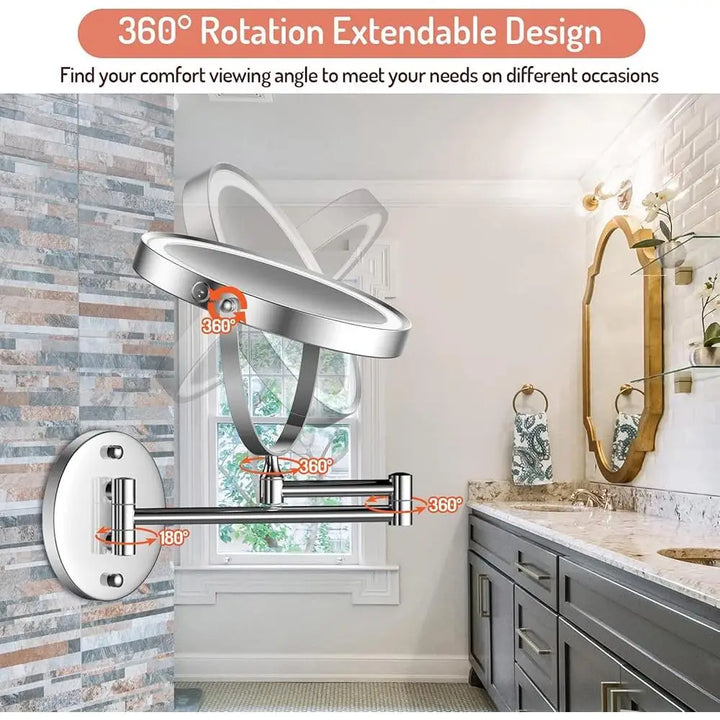 Rechargeable Wall Mounted  Makeup Mirror 8 inch Double-Sided 1X 10X Magnification 3 Color Light Modes Adjustable Brightness