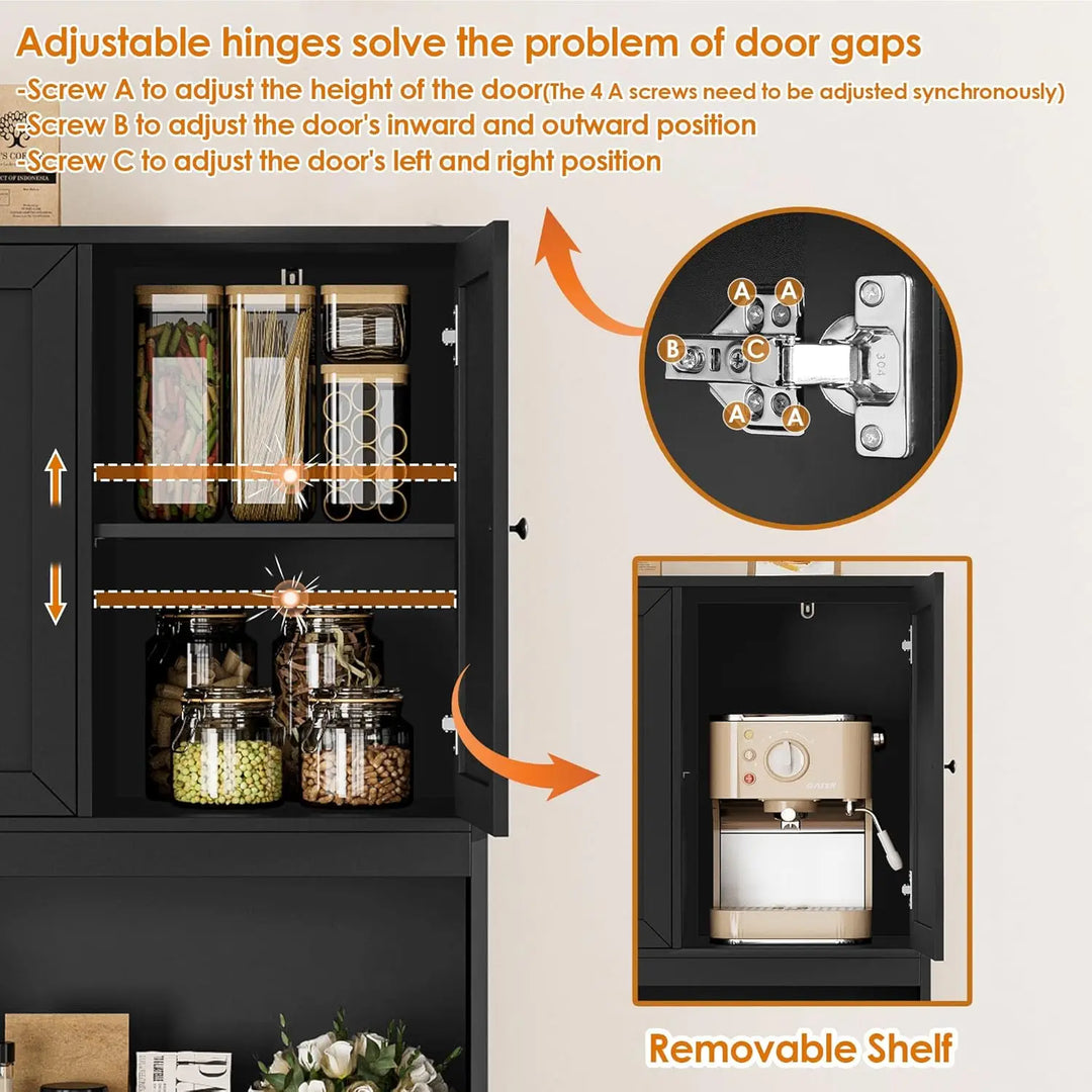 72" Kitchen Pantry Cabinet, Kitchen Hutch with Microwave Stand, Buffet Cabinet with Hutch for Dining Room, Black