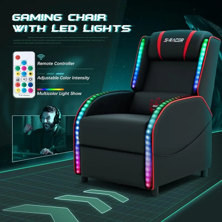 LED Gaming Massage Recliner Chair Racing Style Single Living Room Sofa Comfortable Ergonomic Home Theater Seating(Red)
