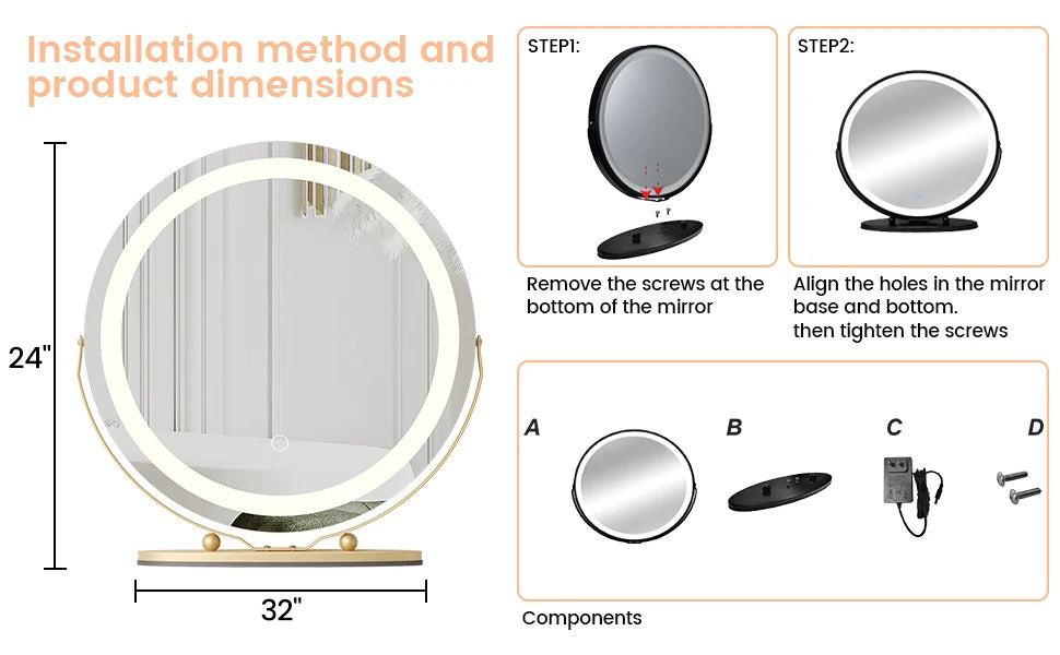 19 Inch Large Round Vanity Mirror with Lights LED Makeup Mirror Touch Control 3 Colors Lighting Dimmable for Bedroom Tabletop