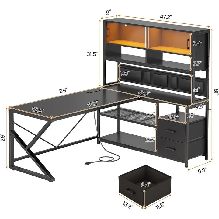 L Shaped Gaming Desk, Home Office Computer Desk with 2 Drawer and Bookshelf, L Shaped Gaming Desk with LED Light, Glass Cabinet