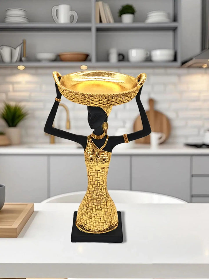 African Art Statue - 11.3" Figure Sculpture with Storage Tray,African Gold Lady Home Decor,for Living Room Figurines Decorations