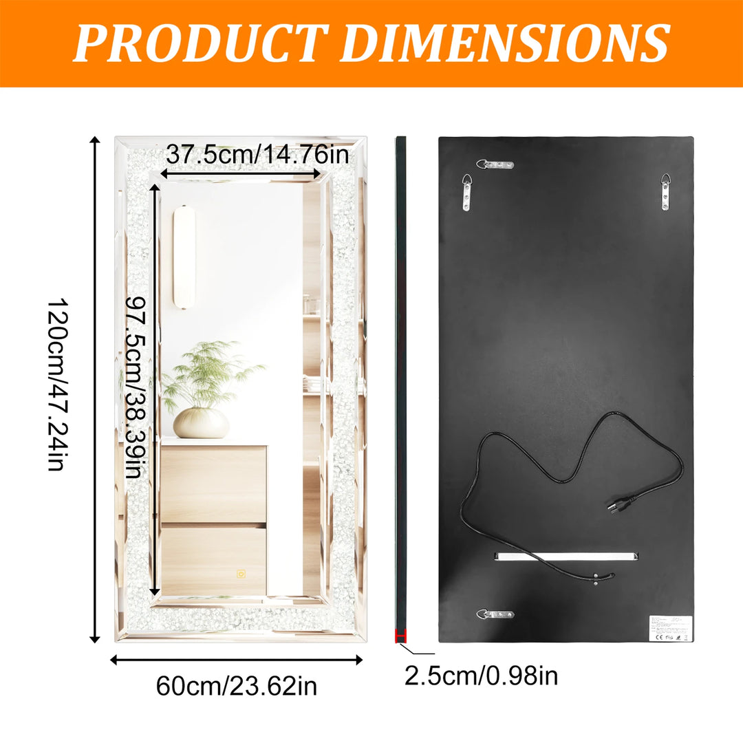 120x60cm LED Full Length Mirror with 7 Colors RGB Lights and Crushed Diamond Full Body Wall Mirror for Living Room, Bedroom
