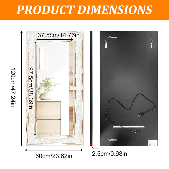 120x60cm LED Full Length Mirror with 7 Colors RGB Lights and Crushed Diamond Full Body Wall Mirror for Living Room, Bedroom