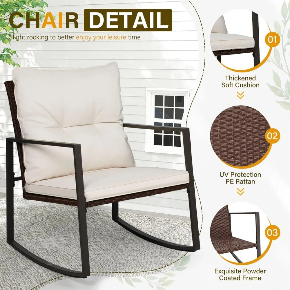SUNCROWN 3-Piece Patio Bistro Set Outdoor Rocking Chairs Set Brown Wicker Porch Chairs with Glass Coffee Table, Beige Cushion