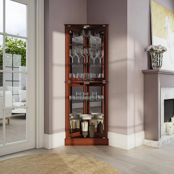 lighted corner display curio cabinet wooden shelving unit with tempered glass door, bar and liquor storage area with 6 shelves