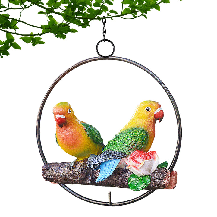 Hanging Double Parrot Statue On Iron Ring Resin Animal Sculpture Birds Garden Art Tree DIY Decor Outdoor Patio Yard Lawn Animal