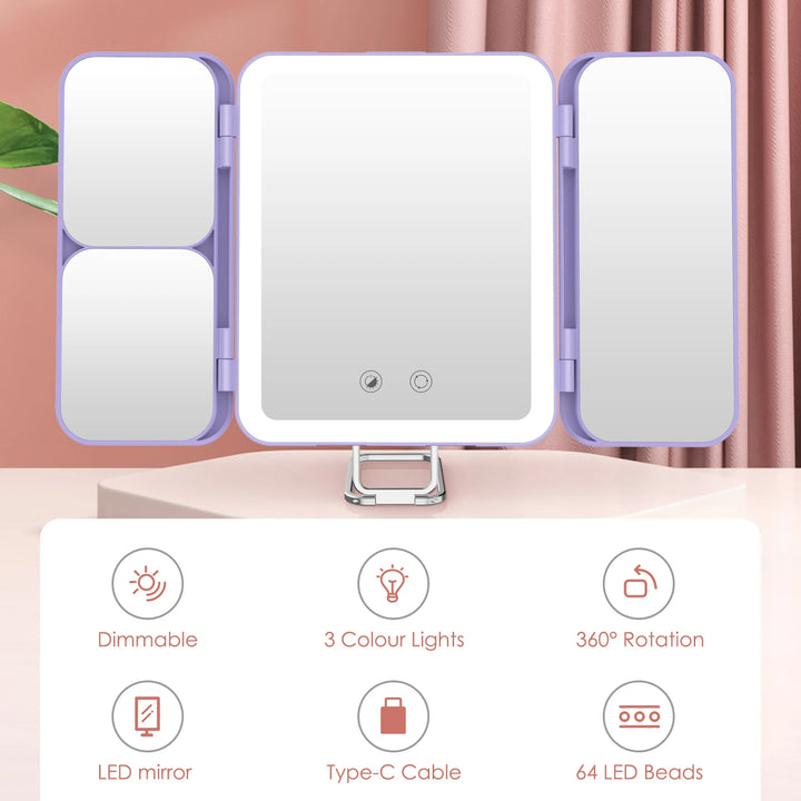 SEJOY Makeup Mirror with Lights, 1X 3X 7X Magnifying Mirror, Touch Control, Trifold Makeup Mirror, Portable LED Makeup Mirror