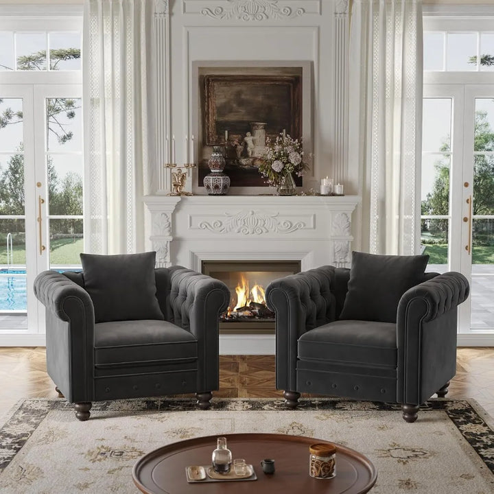 Vintage-Style Comfortable Button-Tufted Chesterfield Club Chair with Rolled Arms and Pillow for Living Room