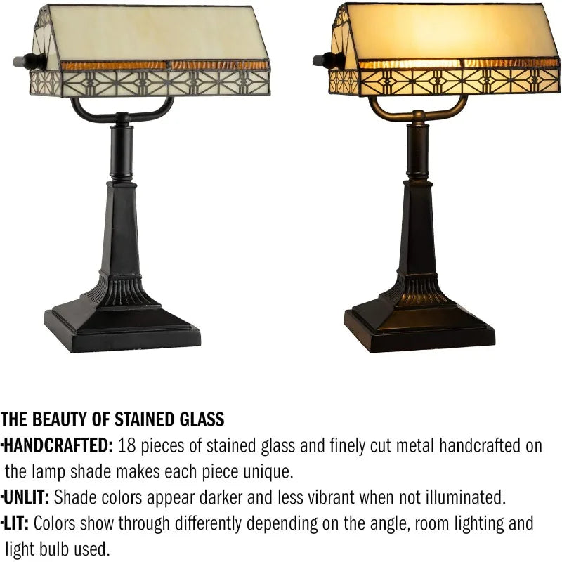 Tiffany-Style Bankers Lamp - Vintage-Looking Mission-Style Table or Desk LED Light with Stained Glass Shade (Dark Br