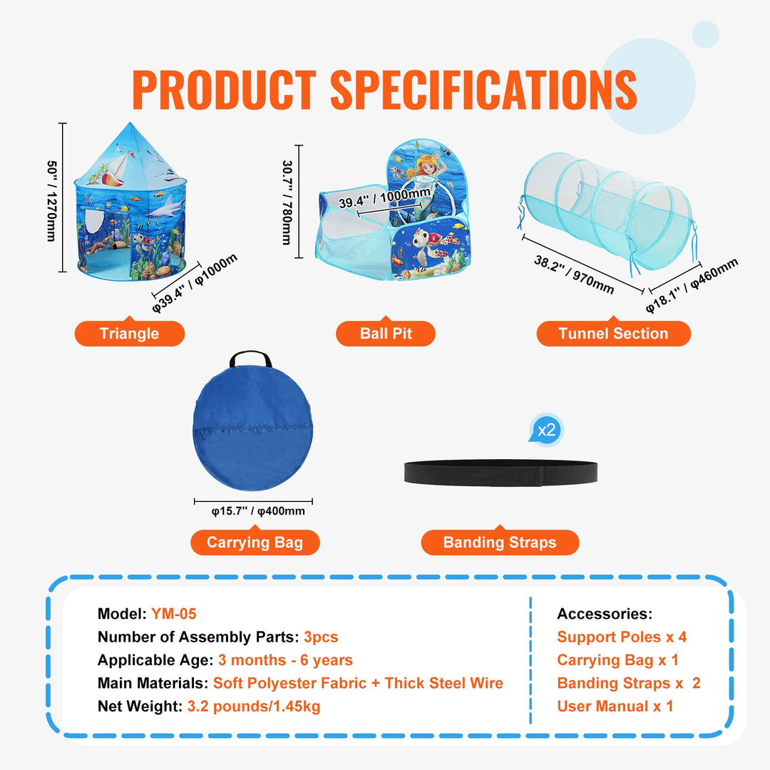 VEVOR 3 in 1 Kids Play Tent with Tunnel Basketball Hoop for Boys Girls Babies and Toddlers Indoor/Outdoor Pop Up Playhouse Gifts