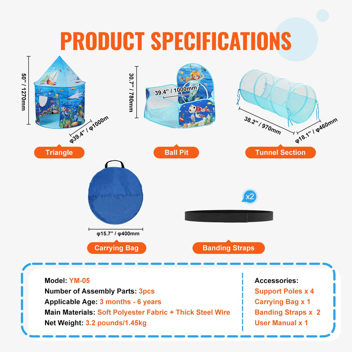 VEVOR 3 in 1 Kids Play Tent with Tunnel Basketball Hoop for Boys Girls Babies and Toddlers Indoor/Outdoor Pop Up Playhouse Gifts