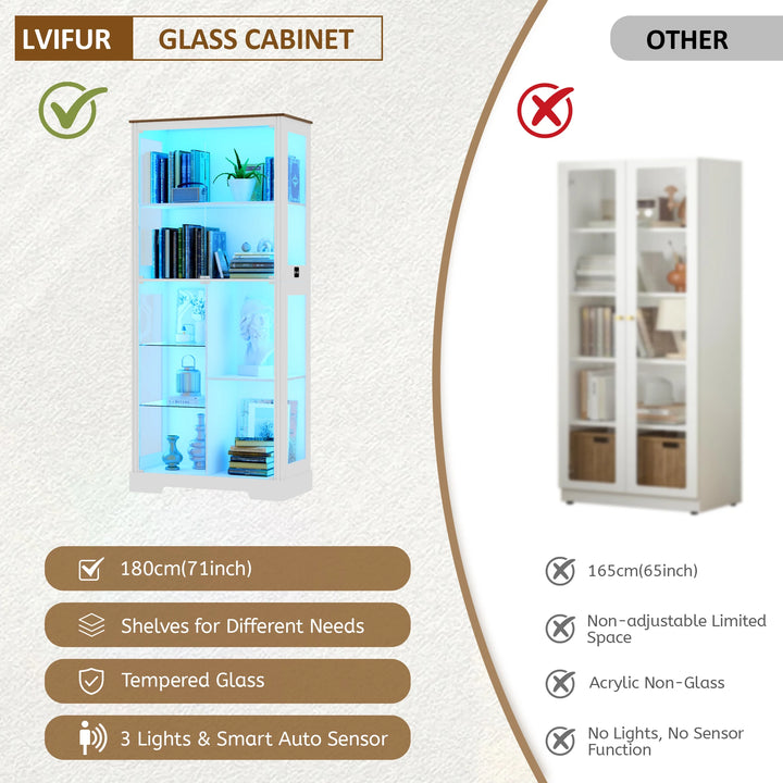 71” Display Cabinet with Glass Doors, Modern Curio Cabinet with 3 Color Lights, 7-Tiers Glass Display Cases for Collectibles,