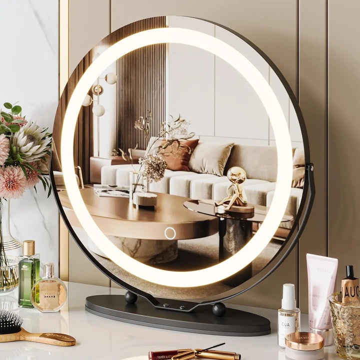 19 Inch Large Round Vanity Mirror with Lights LED Makeup Mirror Touch Control 3 Colors Lighting Dimmable for Bedroom Tabletop