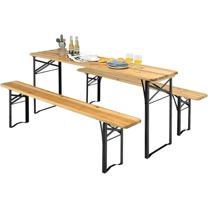 70” 3-Piece Portable Folding Picnic Table Bench Set, Portable Picnic Beer Table w/Wooden Tabletop, Outdoor Foldable