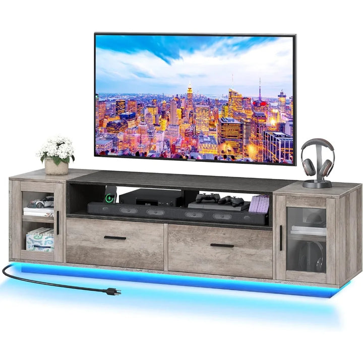 TV Stands for Living Room, Farmhouse TV Stand for 65/70 inch TV, LED TV Entertainment Center with Storage & Power Outlets, TV C