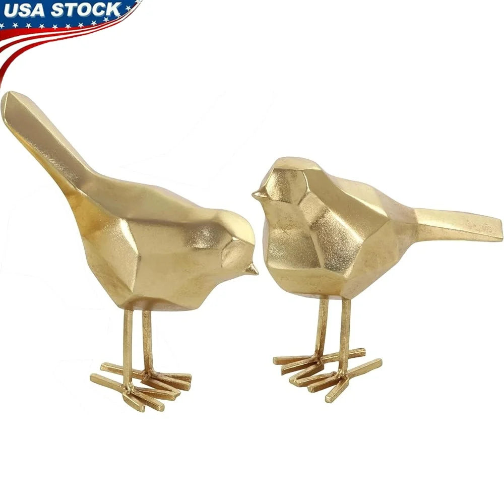 Glamorous Polystone Bird Decorative Sculpture Set of 2 Accent Figurines Modern Home Decor Gold Metallic Finish