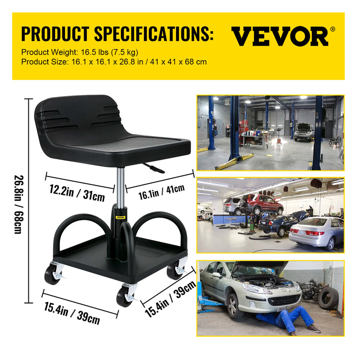 SucceBuy Rolling Garage Stool Car Detailing Stool Adjustable Height Mechanic Seat With Tool Tray Workshop Auto Repair Shop Stool